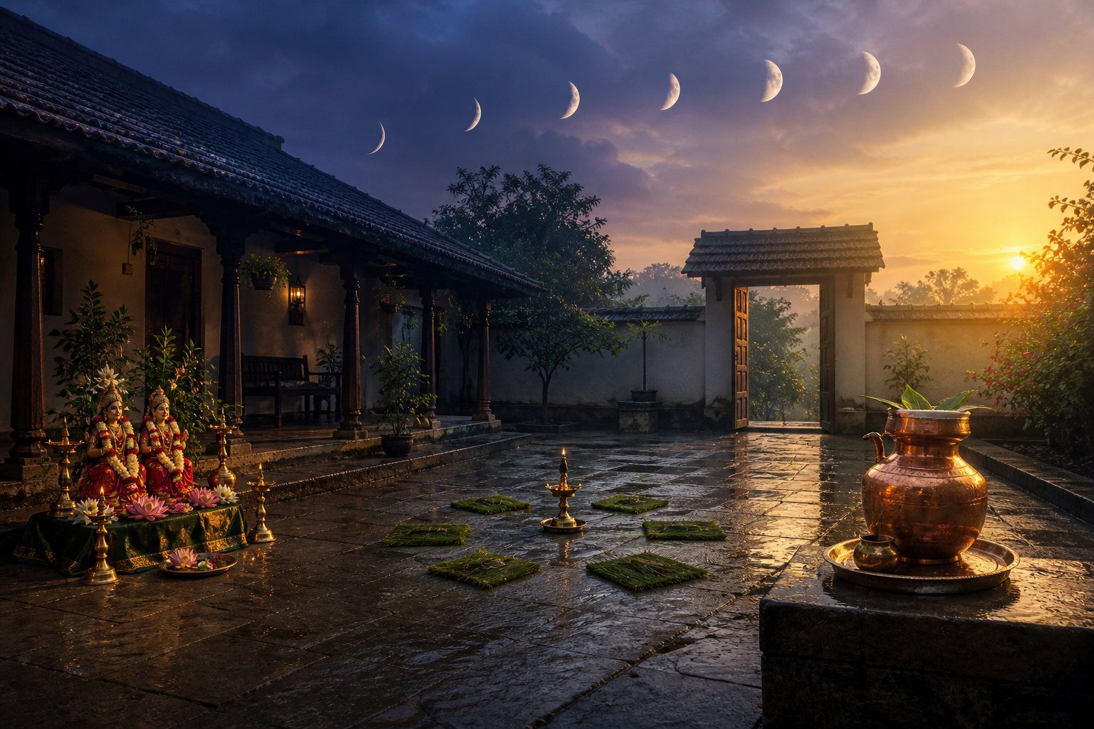 A panoramic courtyard at successive dawns shows three separate ritual preparations beneath a waxing moon and an emerging sunrise.