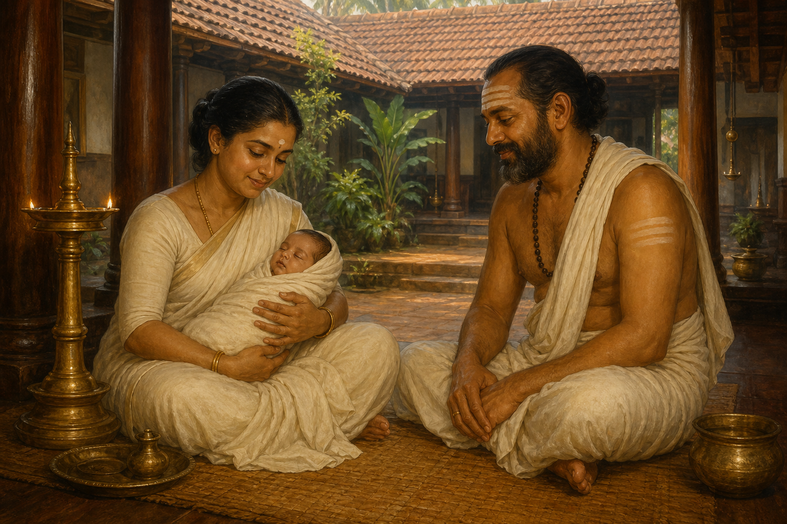 Shivaguru and Aryamba sit with their infant inside a traditional Kerala courtyard house lit by oil lamps and morning sunlight.