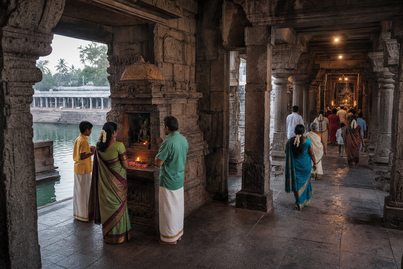 Pilgrims move clockwise through a carved stone temple passage after pausing near a guardian shrine, with a temple tank visible behind them.
