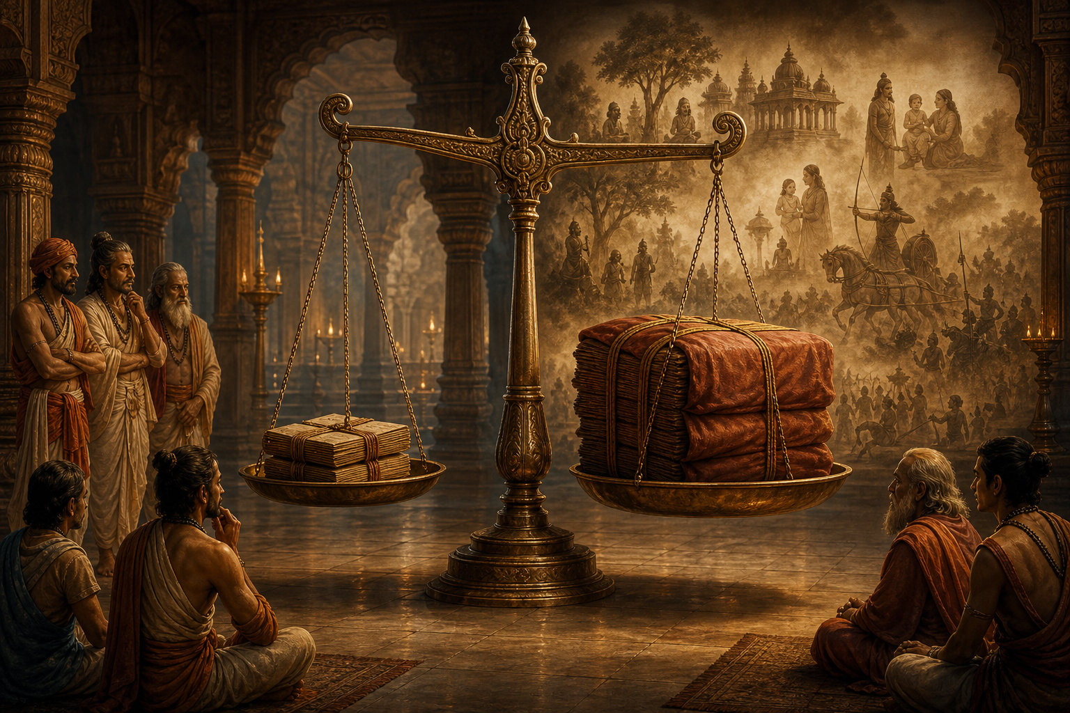 An ornate balance in a lamp-lit pavilion holds four closed manuscript bundles on one pan and a large cloth-wrapped epic bundle on the other as scholars observe.
