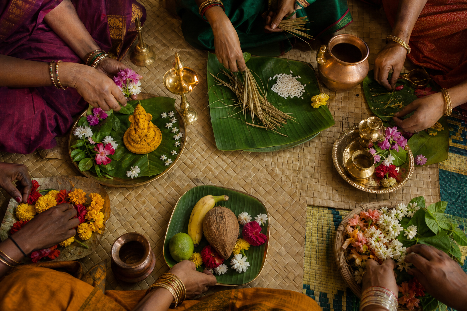 Family members arrange flowers, leaves, kusa grass, rice, lamps, copper vessels, and a turmeric Gauri form in separate ritual preparation areas.