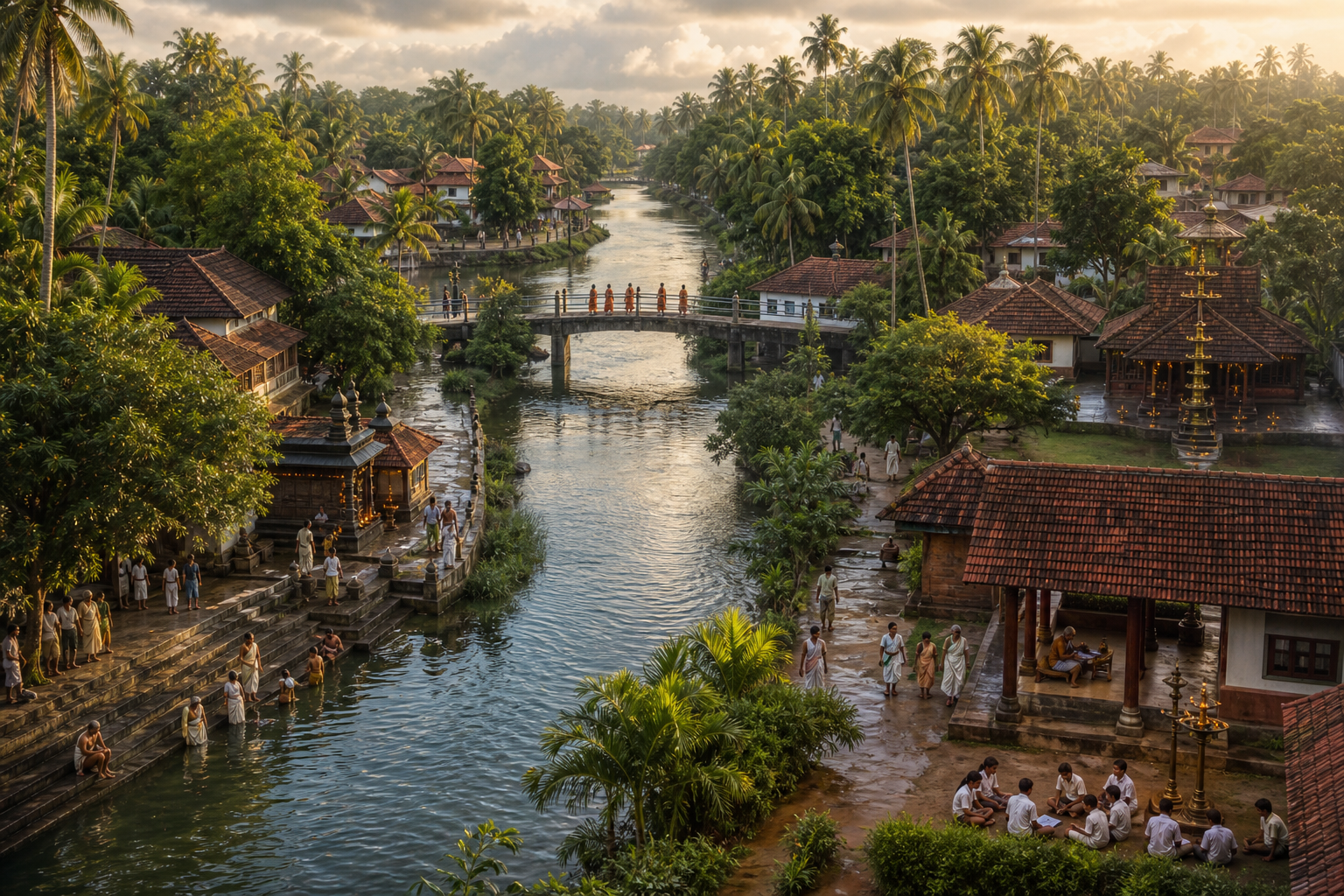 An elevated view shows a river, shrines, Kerala homes, learning courtyards, palm groves, pilgrims, residents, and monks connected by paths through Kalady.