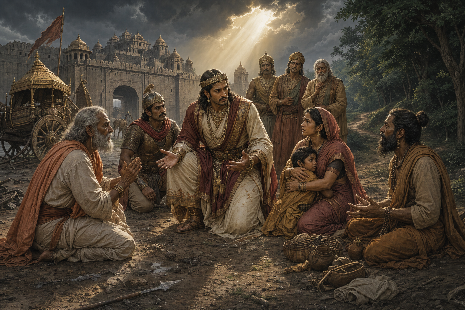 A ruler at a crossroads listens to a village elder, soldier, parent with a child, and forest ascetic beneath clearing storm clouds.