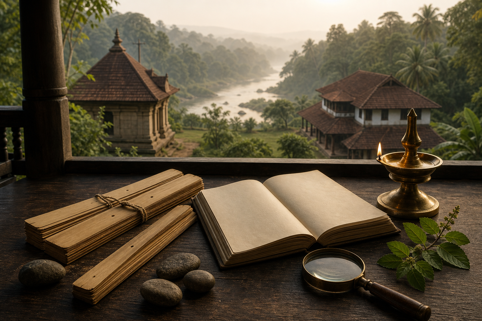 Blank palm-leaf bundles, an unmarked notebook, a magnifying lens, a brass lamp, and river stones rest on a desk overlooking a misty Kerala shrine and river.