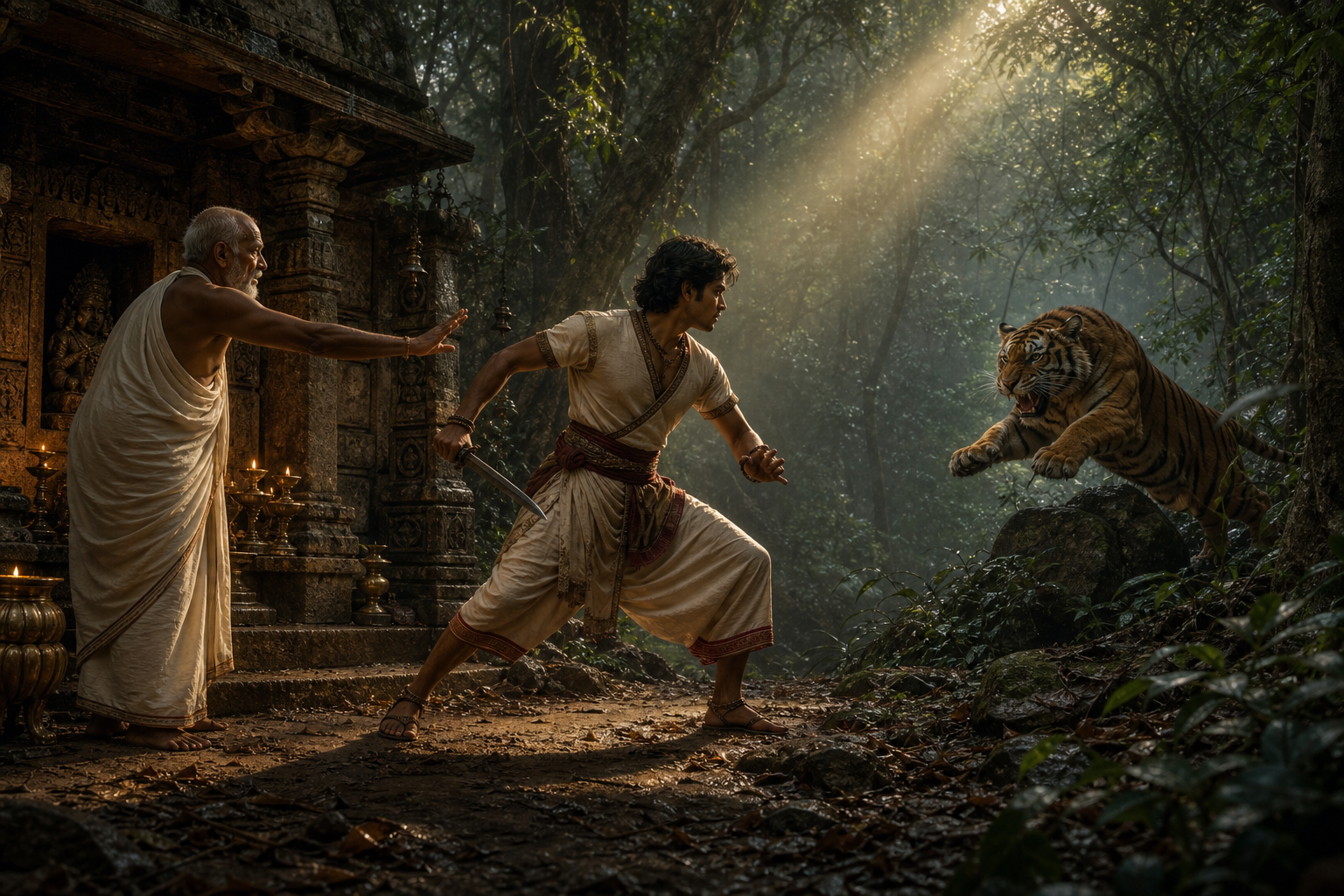A Jain ascetic gestures toward Sala as the young warrior confronts a lunging tiger beside a lamp-lit shrine in a forest.