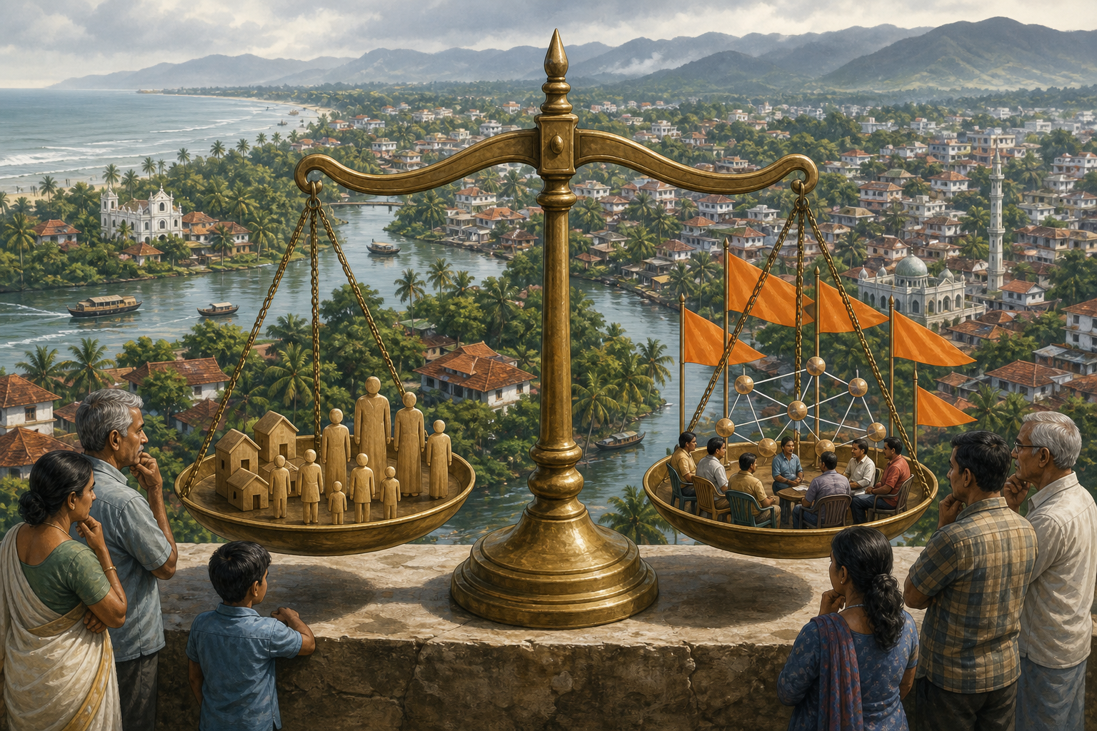 Editorial illustration of a Kerala landscape with residents gathered around a balance scale separating population symbols from community organization and plain saffron pennants.
