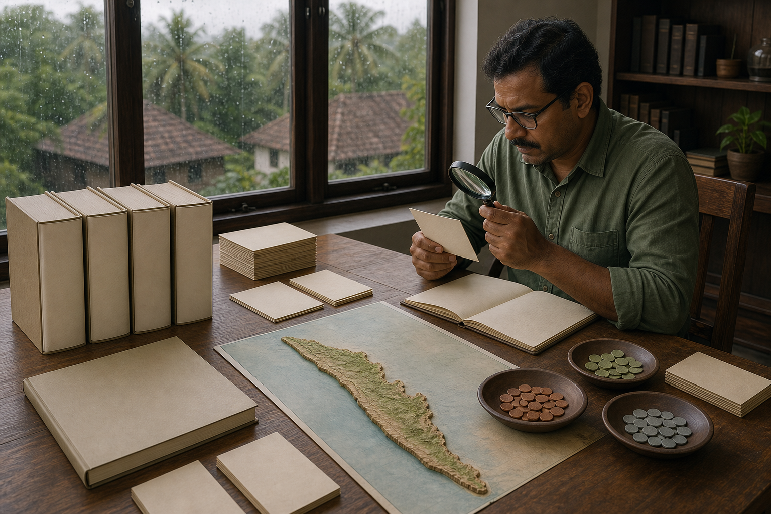 A researcher at a wooden desk examines anonymous household cards, colored counters and an unlabeled map of Kerala beside a rain-washed window.