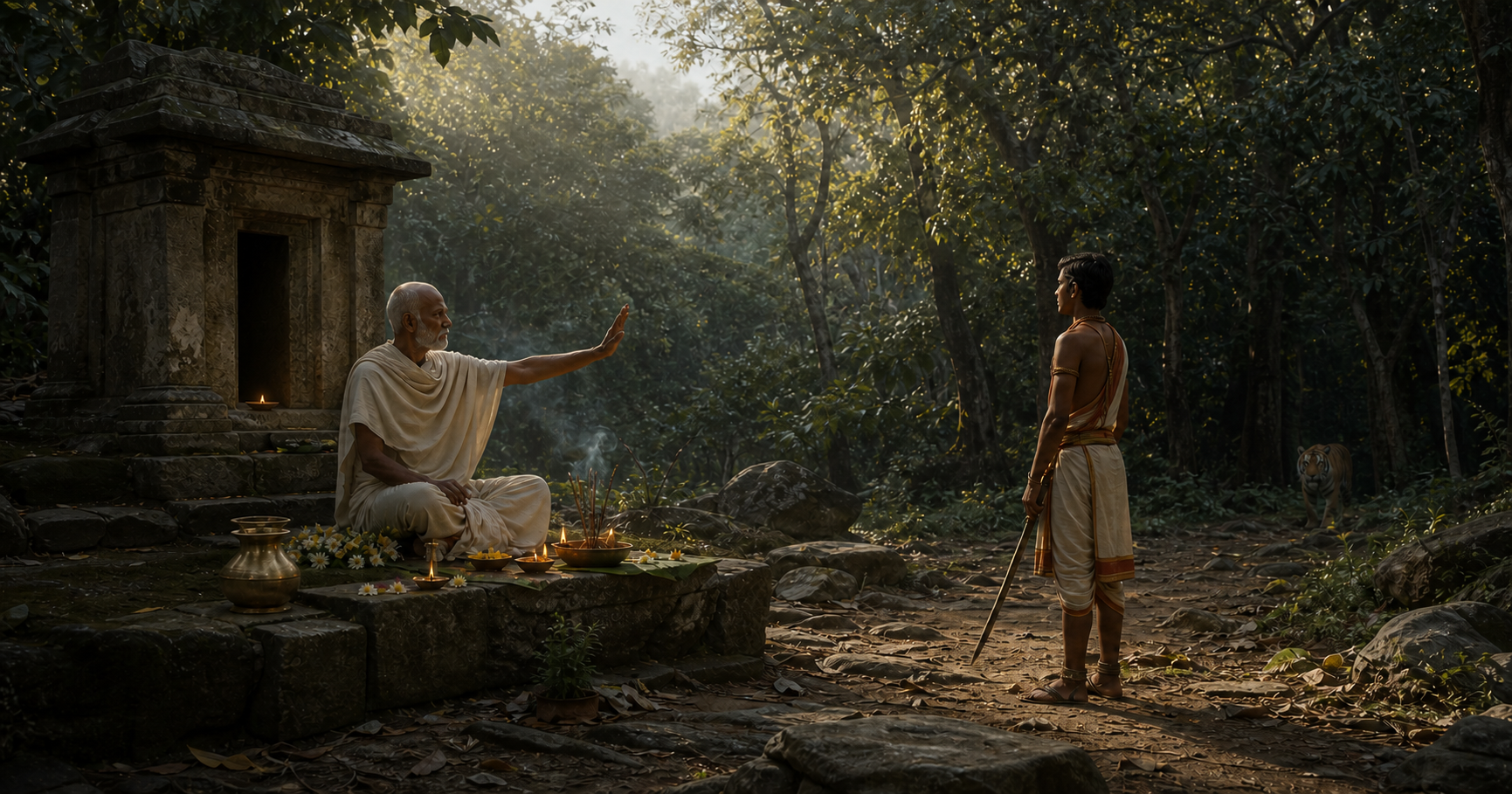 A Jain ascetic conducts a lamp-lit ritual near a forest shrine as Sala waits nearby and a tiger appears among the trees.