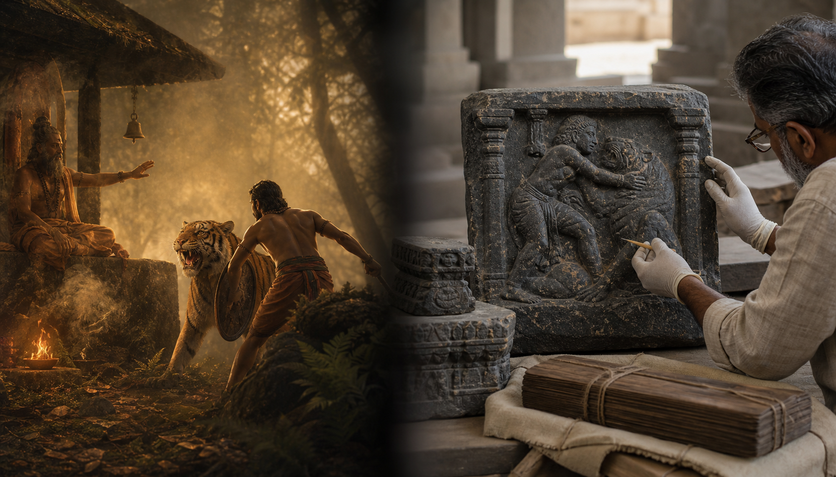 A warm, misty scene of Sala facing a tiger is paired with a conservator examining a weathered stone relief of a warrior and feline.