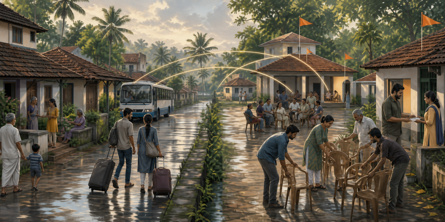Split editorial scene showing Kerala households and migration on one side and volunteers building a community network on the other.