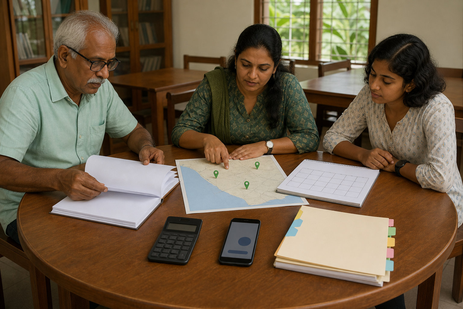 Three residents in a Kerala library compare blank records, an unlabeled map, a phone and other verification tools around a circular table.
