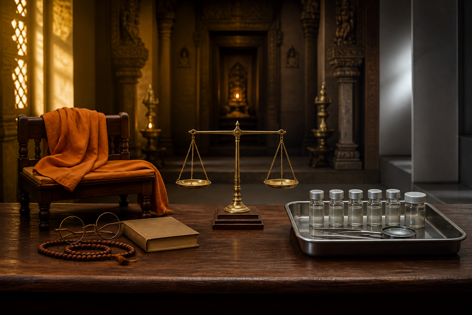 An empty saffron-draped seat with eyeglasses and prayer beads faces laboratory vials and a level brass balance on a wooden table.