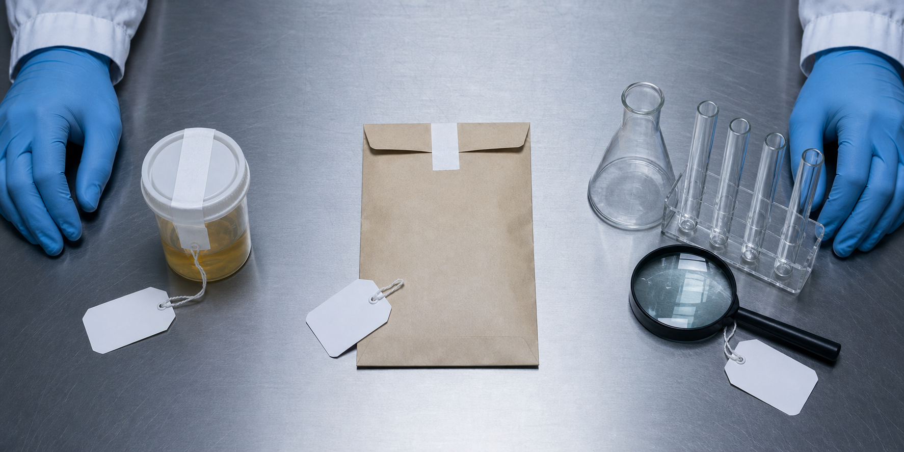 A forensic examination table holds a sealed specimen, an unmarked evidence envelope, laboratory glassware, and a magnifying lens.