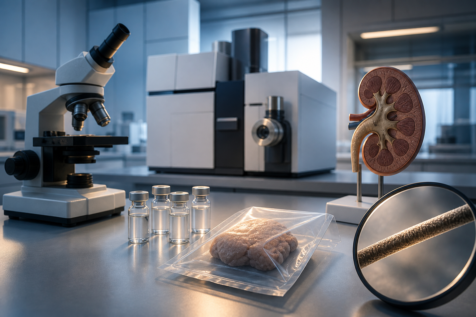 A laboratory scene combines a microscope, sample vials, a sealed specimen, an anatomical kidney model, and a strand of hair under neutral light.