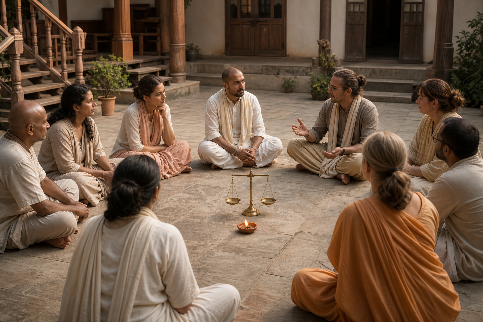 Adult devotees sit in a calm discussion circle around a clay lamp and a balanced brass scale in a temple courtyard.