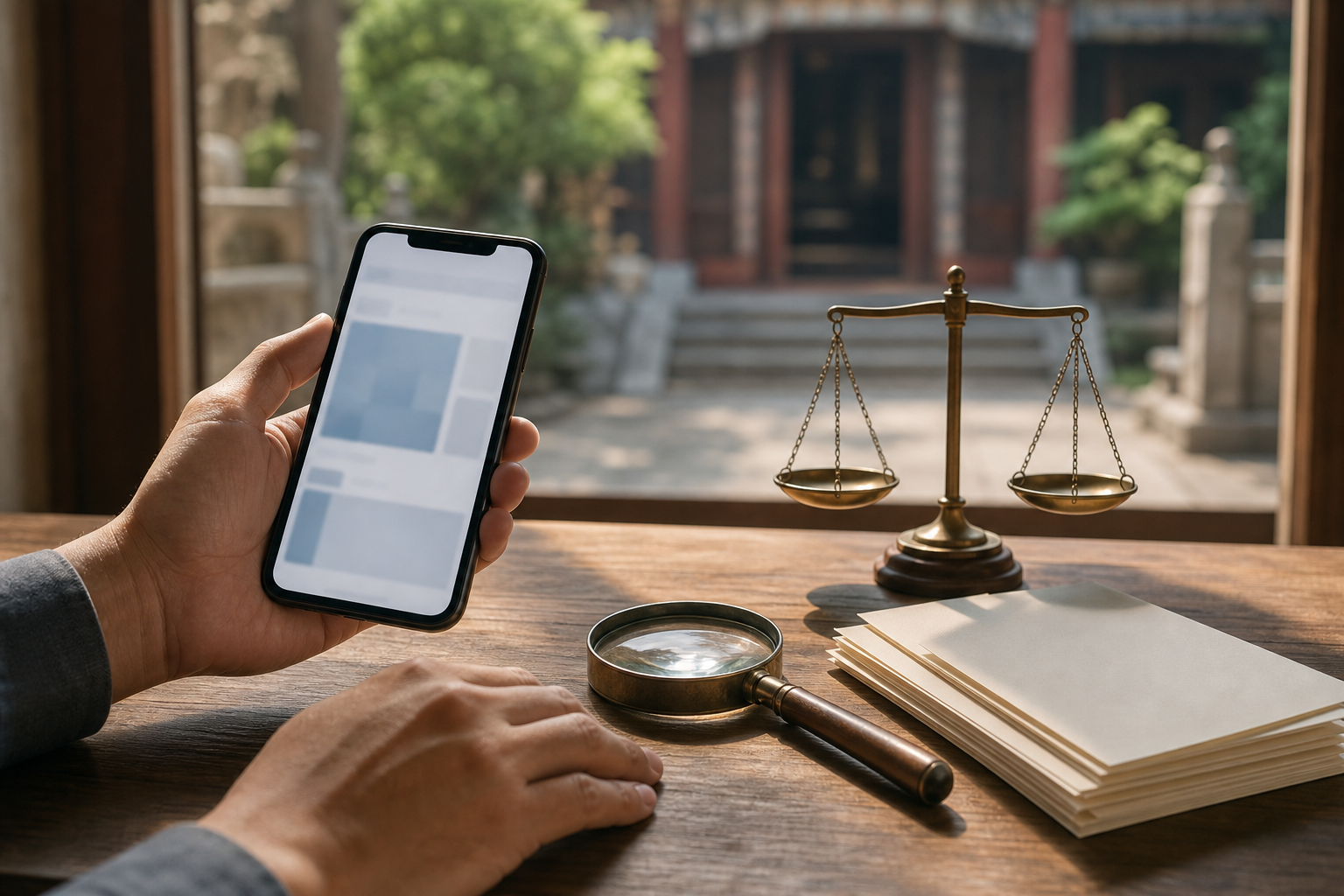 A person holds a phone beside a magnifying glass, unmarked documents, and balanced scales, with a temple doorway in the background.