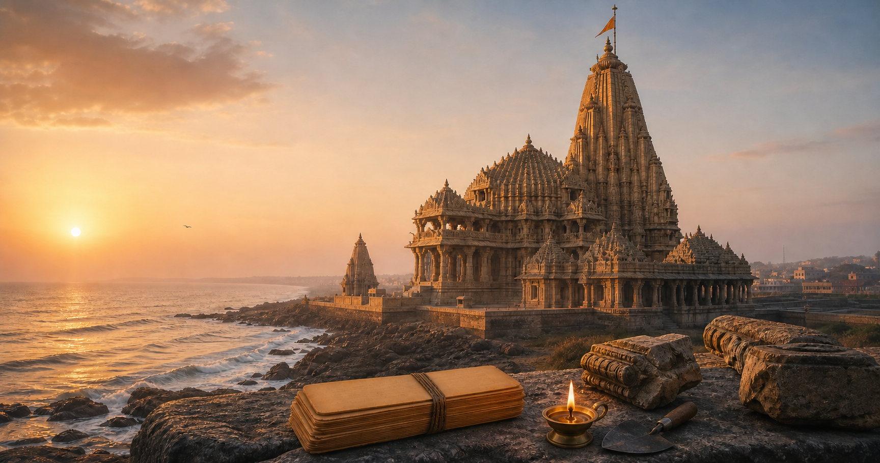 Somnath temple beside the Arabian Sea at dawn, with a lamp, manuscript bundle, stone fragments, and archaeological trowel in the foreground.