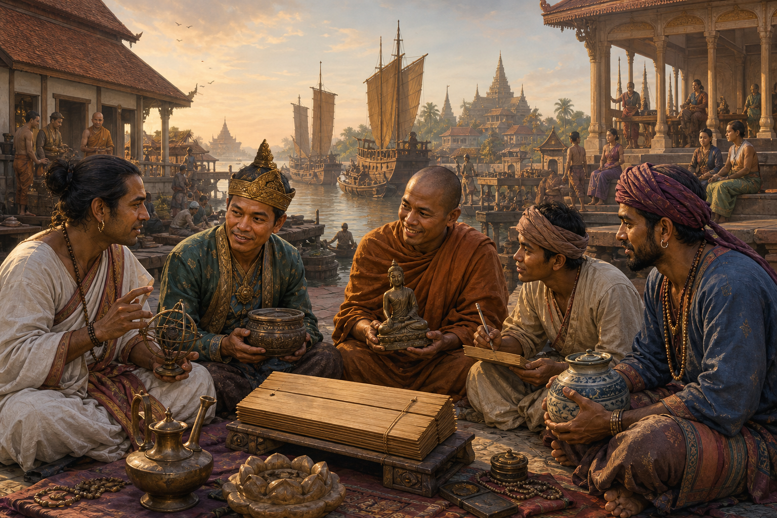 Editorial illustration of scholars, a monk, a court official and a merchant gathered around a palm-leaf manuscript at an Asian river port.