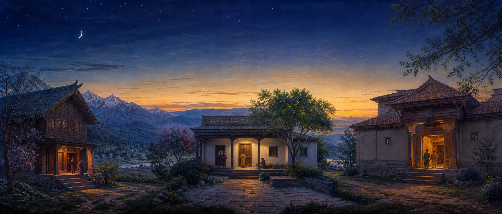 Kashmiri, Deccan and western Indian homes share the same emerging dawn while families prepare separately within their regional settings.