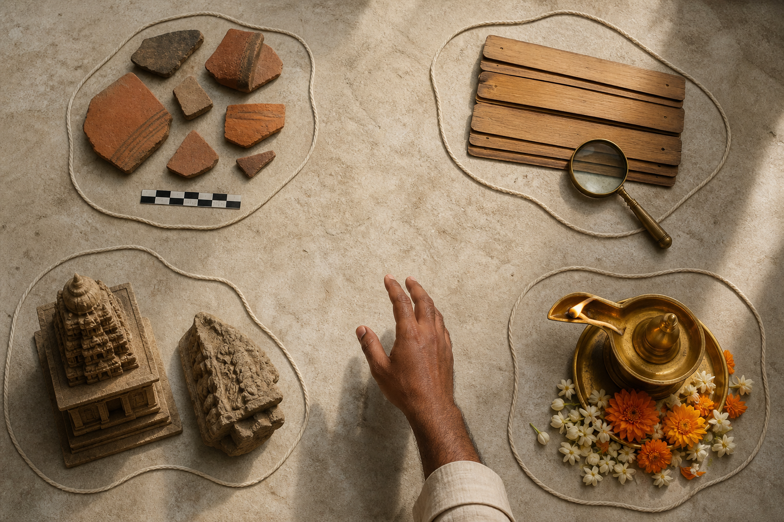 Four groups of historical evidence arranged on a stone table, including pottery, a manuscript bundle, a temple model, architectural fragments, a lamp, and flowers.