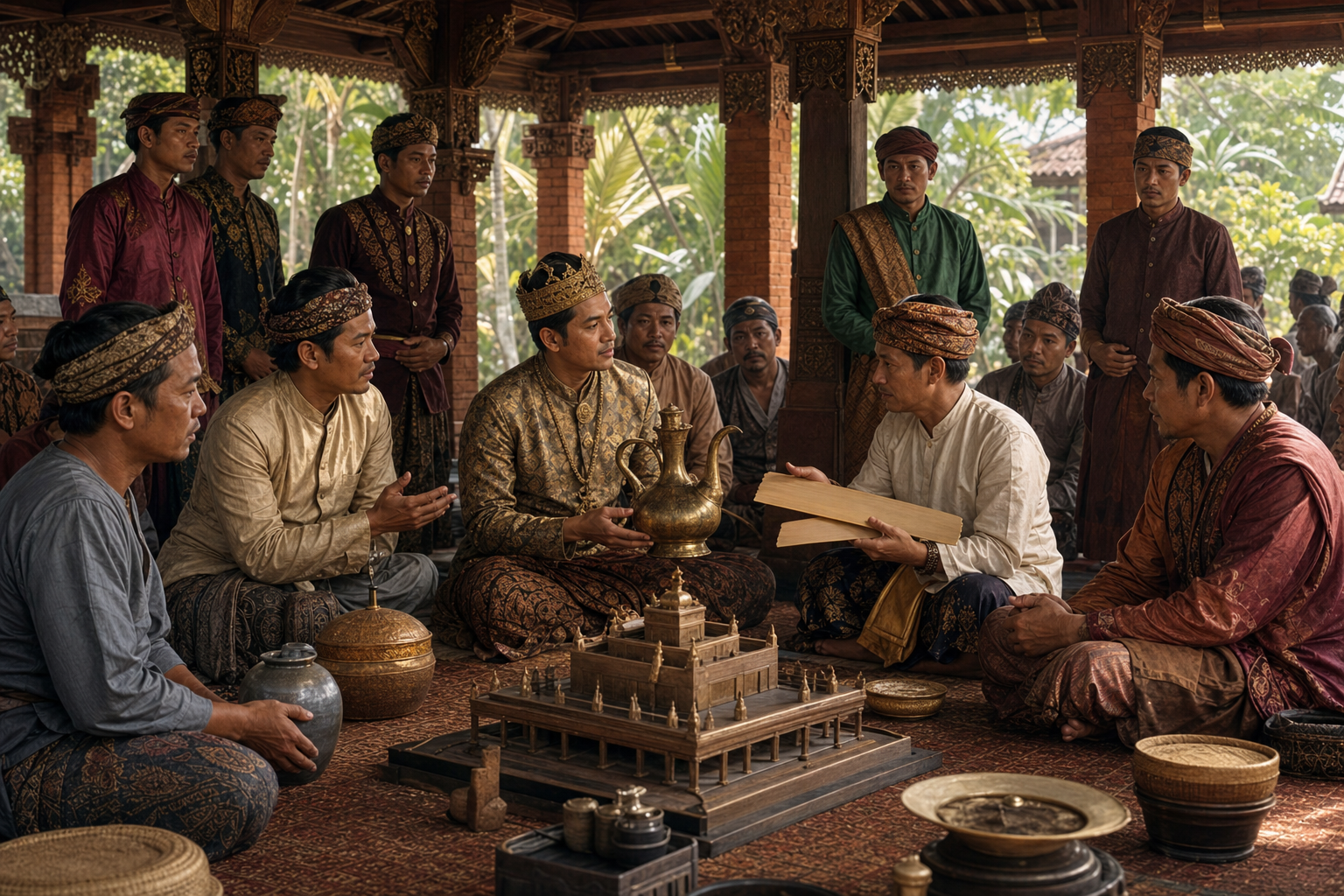 A ruler in an open audience pavilion consults ritual specialists, poets and administrators gathered around ceremonial objects and a palm-leaf manuscript.