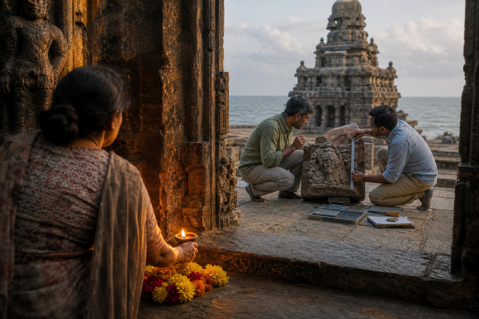 A devotee places an oil lamp and flowers on a stone threshold while conservators examine a carved architectural fragment nearby.