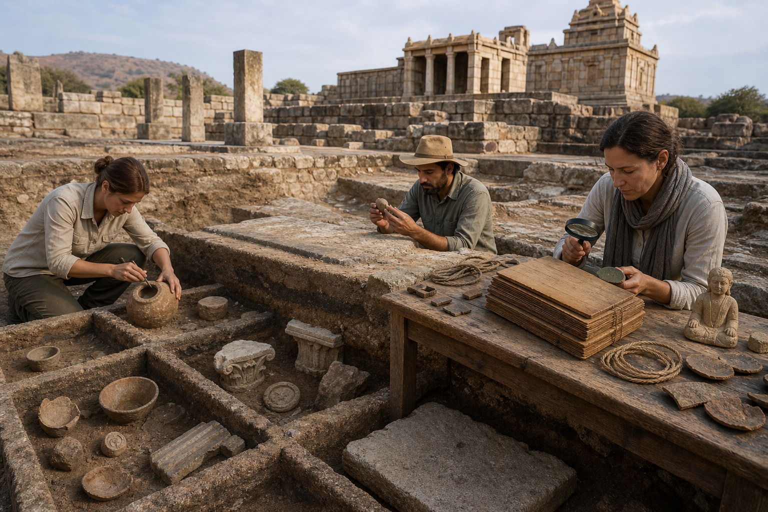 Researchers examine pottery, architectural remains, a weathered stone slab and a palm-leaf manuscript beside a layered archaeological excavation.