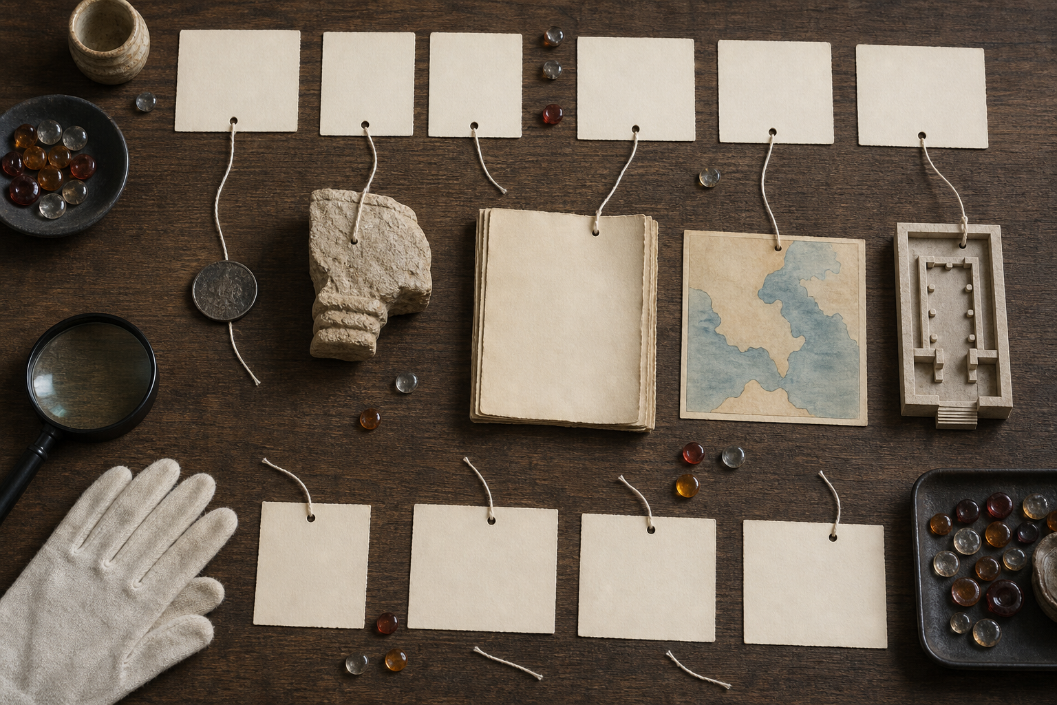 Blank evidence cards, threads, a coin, manuscript folio, stone fragment, unlabeled map, and temple model arranged on a historian's desk.