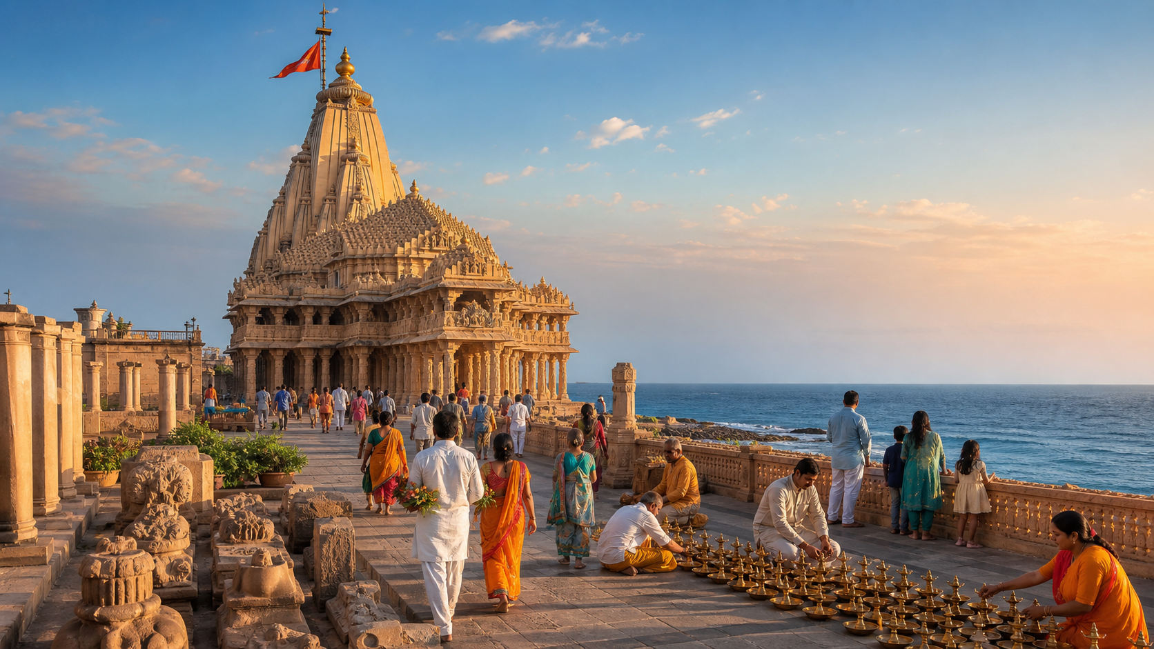 Somnath temple in morning light with pilgrims, artisans, families, brass lamps, and the Arabian Sea around the active precinct.