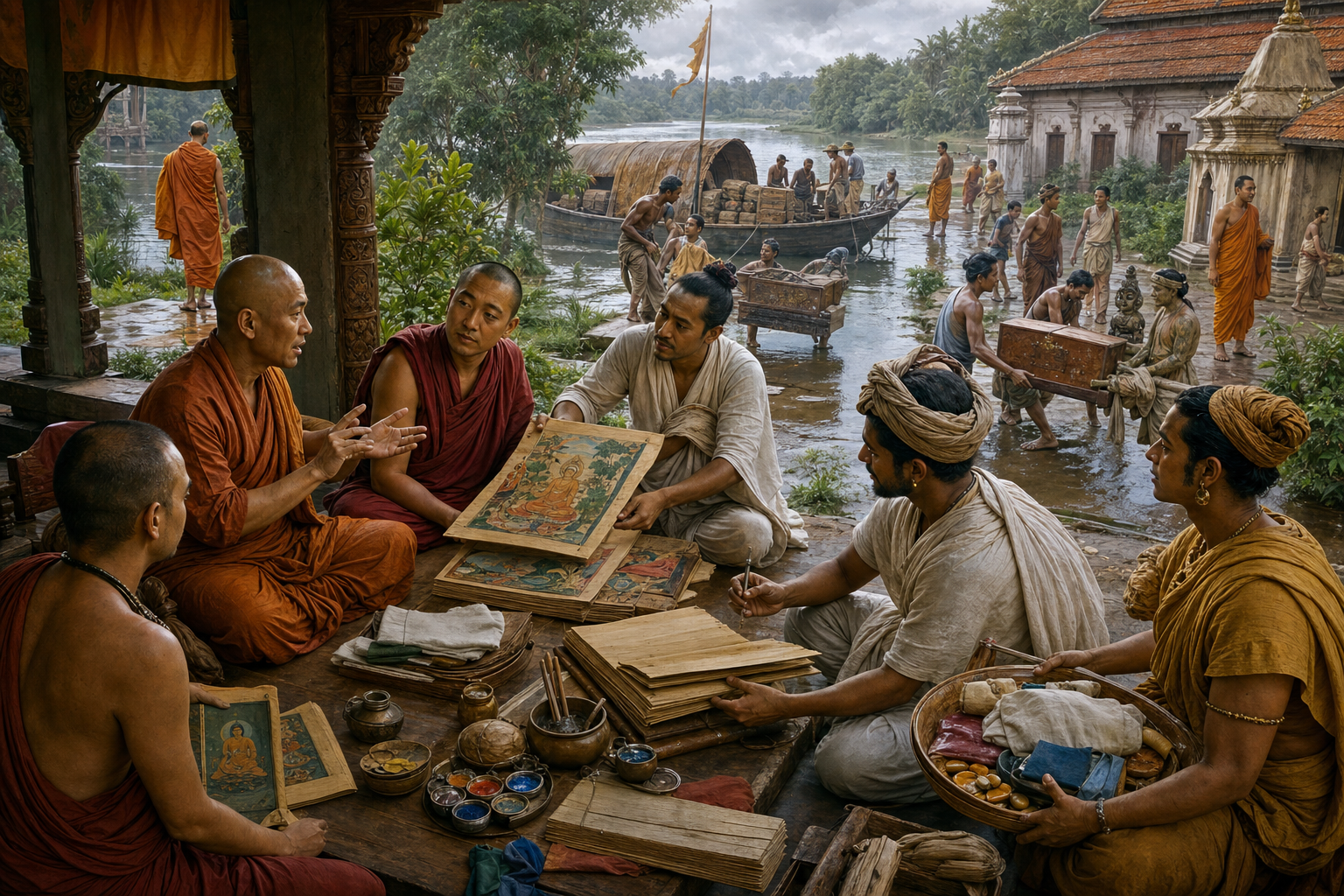 Monks, translators, scribes and local patrons collaborate on manuscripts in a monastery courtyard near a busy river port.