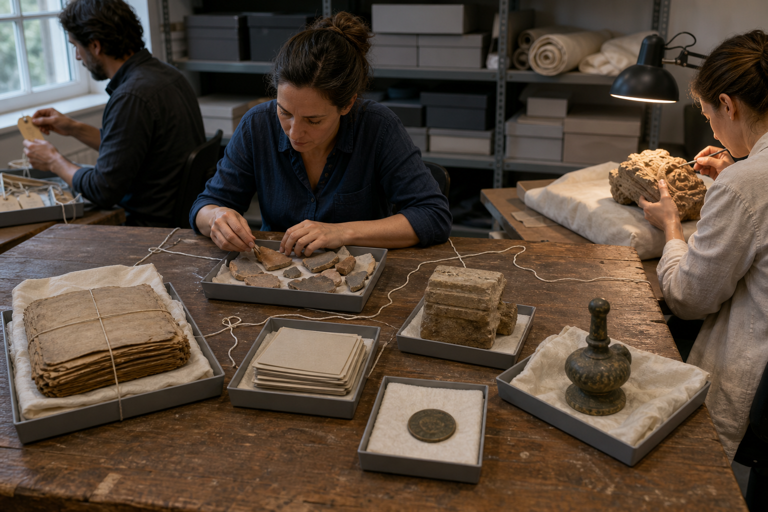 Three researchers compare manuscripts, pottery, a coin, carvings and ritual objects grouped on a wooden evidence table.