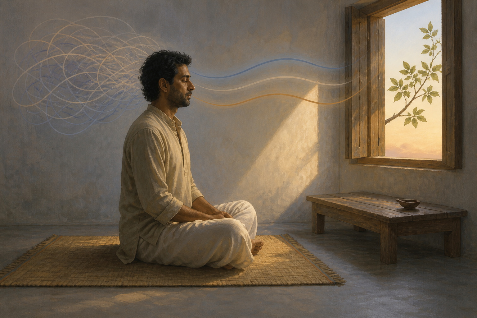 A person sits alone on a woven mat at dawn as faint tangled currents around the head separate into three calm streams.
