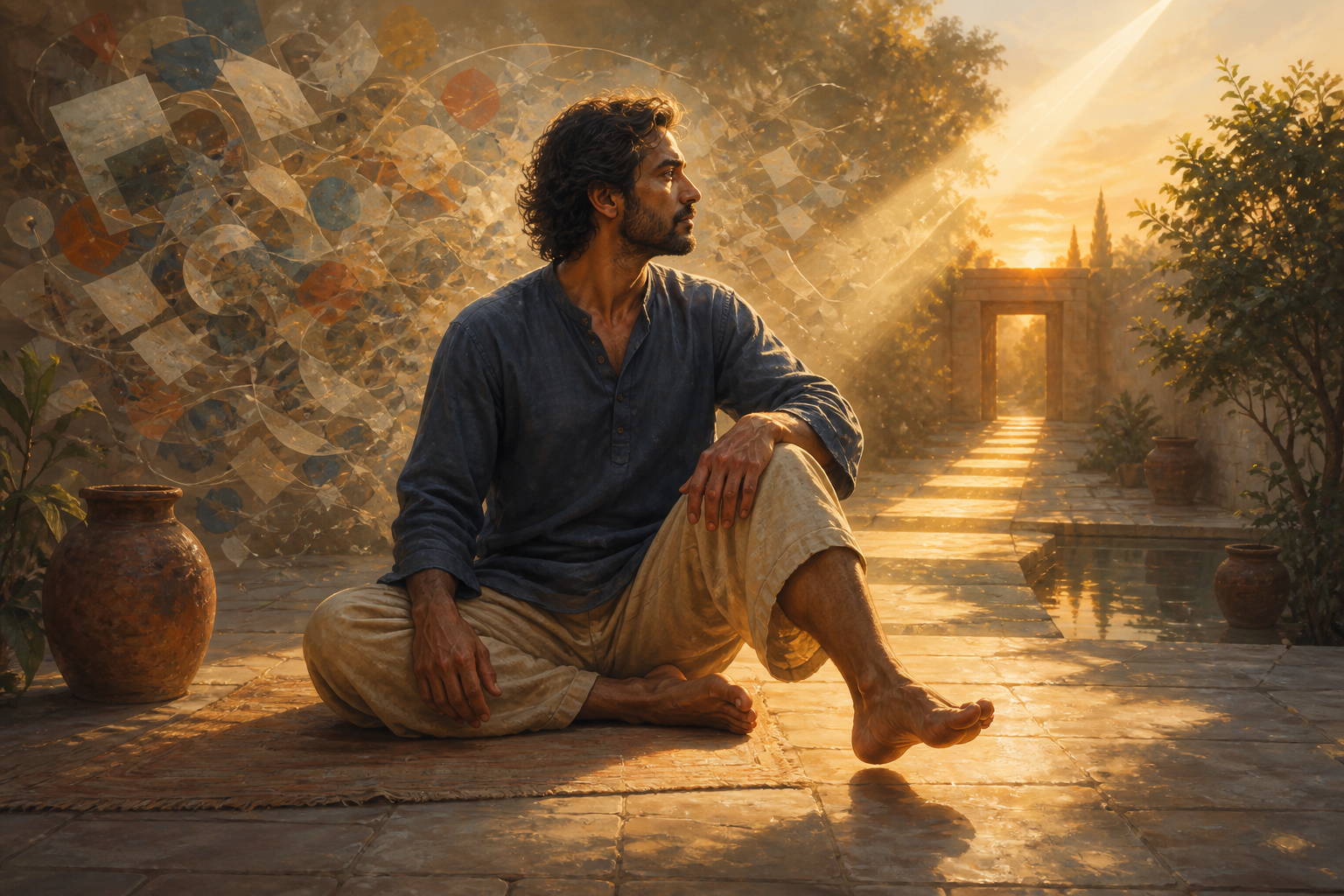 A seated person is surrounded by restless translucent shapes while a clear beam of light reveals one path and one foot begins to rise.
