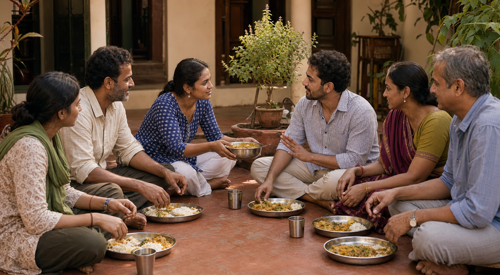 Family members, a household worker, and a guest sit at the same level and share a meal in a shaded home courtyard.
