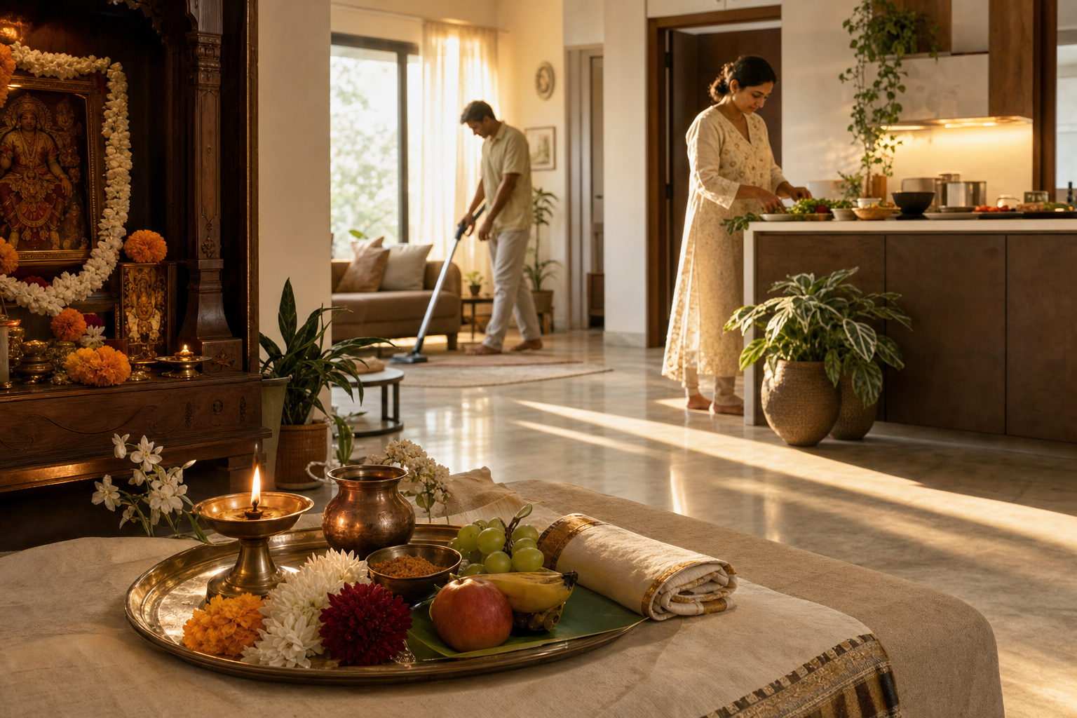A prepared puja tray stands beside a home shrine while family members carry out ordinary household tasks in the surrounding apartment.