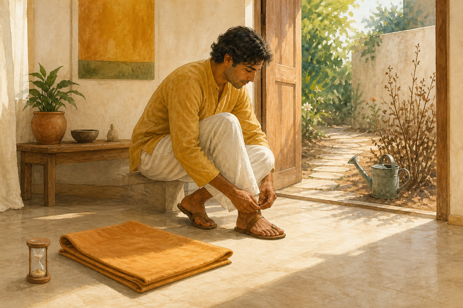 A person rises from an empty meditation cloth and fastens a sandal near an open doorway leading to a garden and watering can.