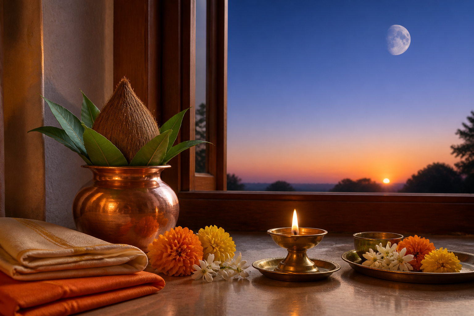 A brass diya, copper kalash, flowers, and offerings beside a window where the moon remains visible at dawn.