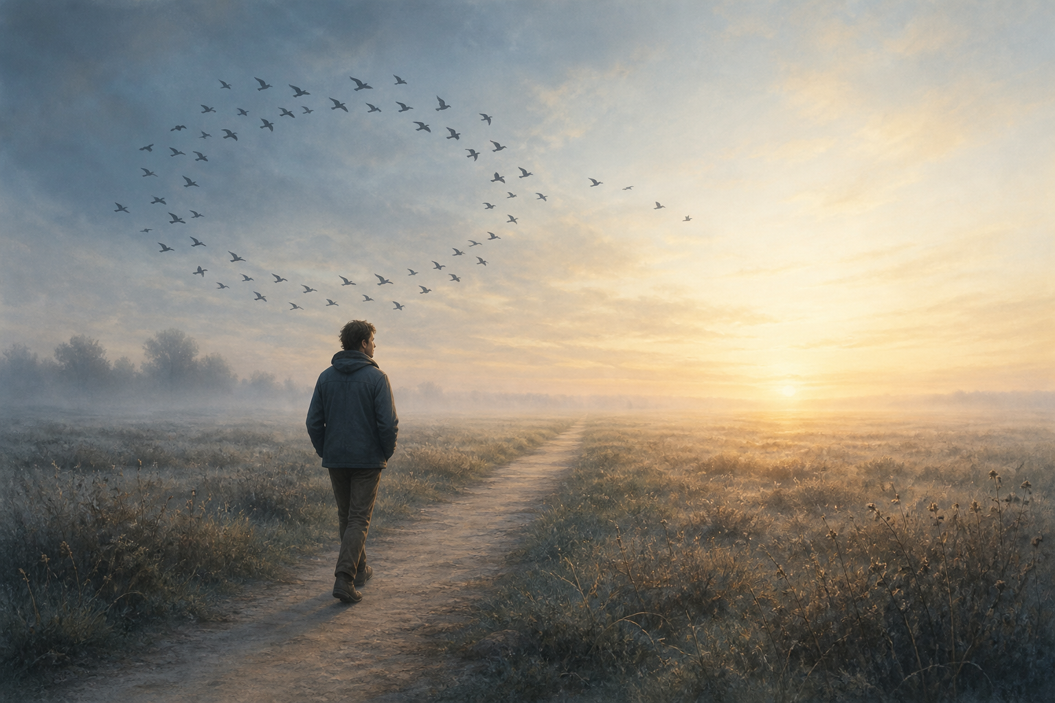 A person continues along a straight path while dark birds circle in a broken ring behind them beneath a brightening sky.
