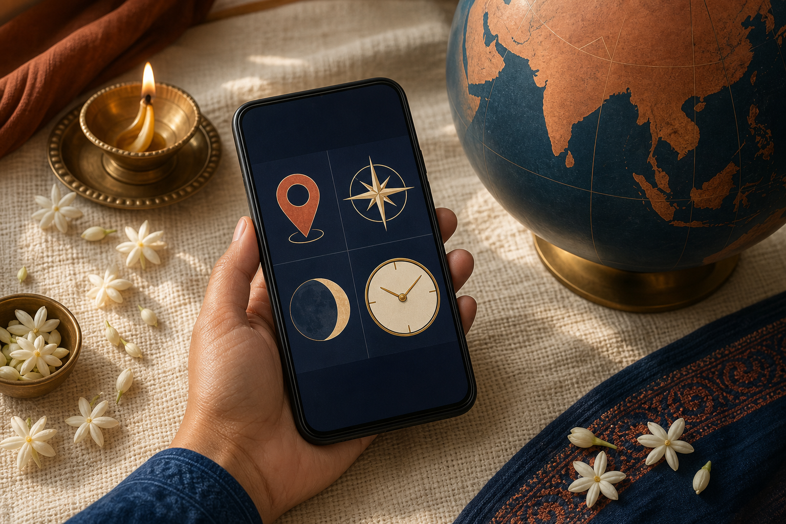 An unbranded phone displays location, compass, moon, and clock symbols beside a diya, flowers, and an unlabeled globe.