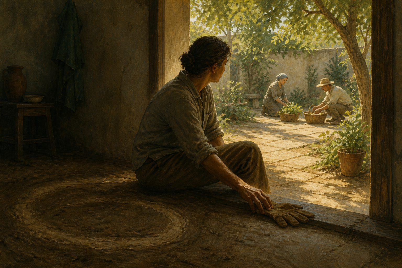 A person on a shaded threshold turns toward a sunlit courtyard where two neighbors work, reaching for gloves beside a circular trail in the dusty room.