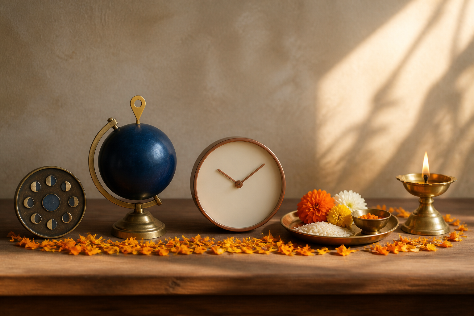 A moon symbol, globe, clock, offering tray, and lit diya are arranged in sequence with marigold petals.