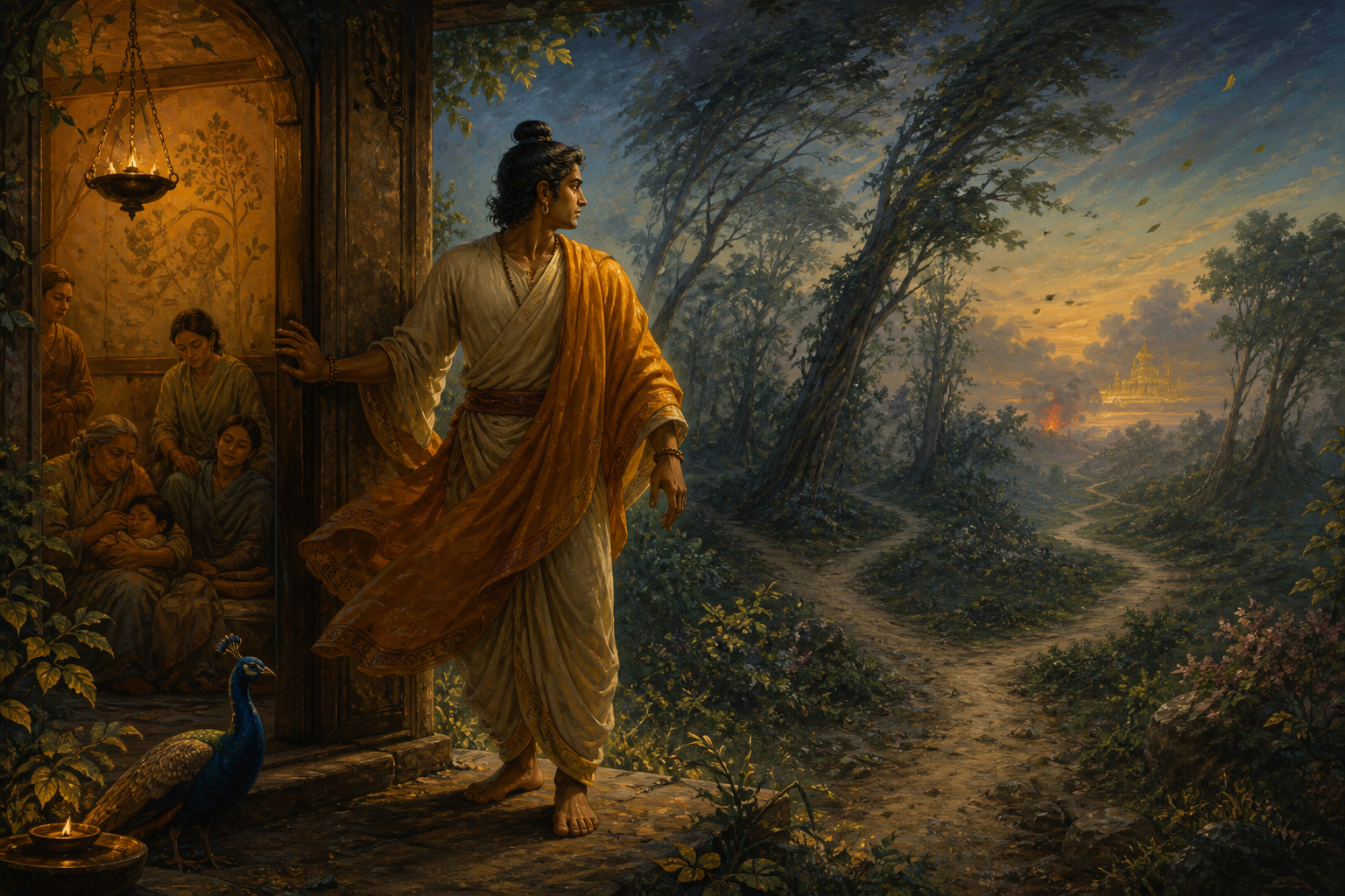 A robed South Asian leader pauses at a forest sanctuary entrance between people sheltered inside and a distant golden shape along a misty path.