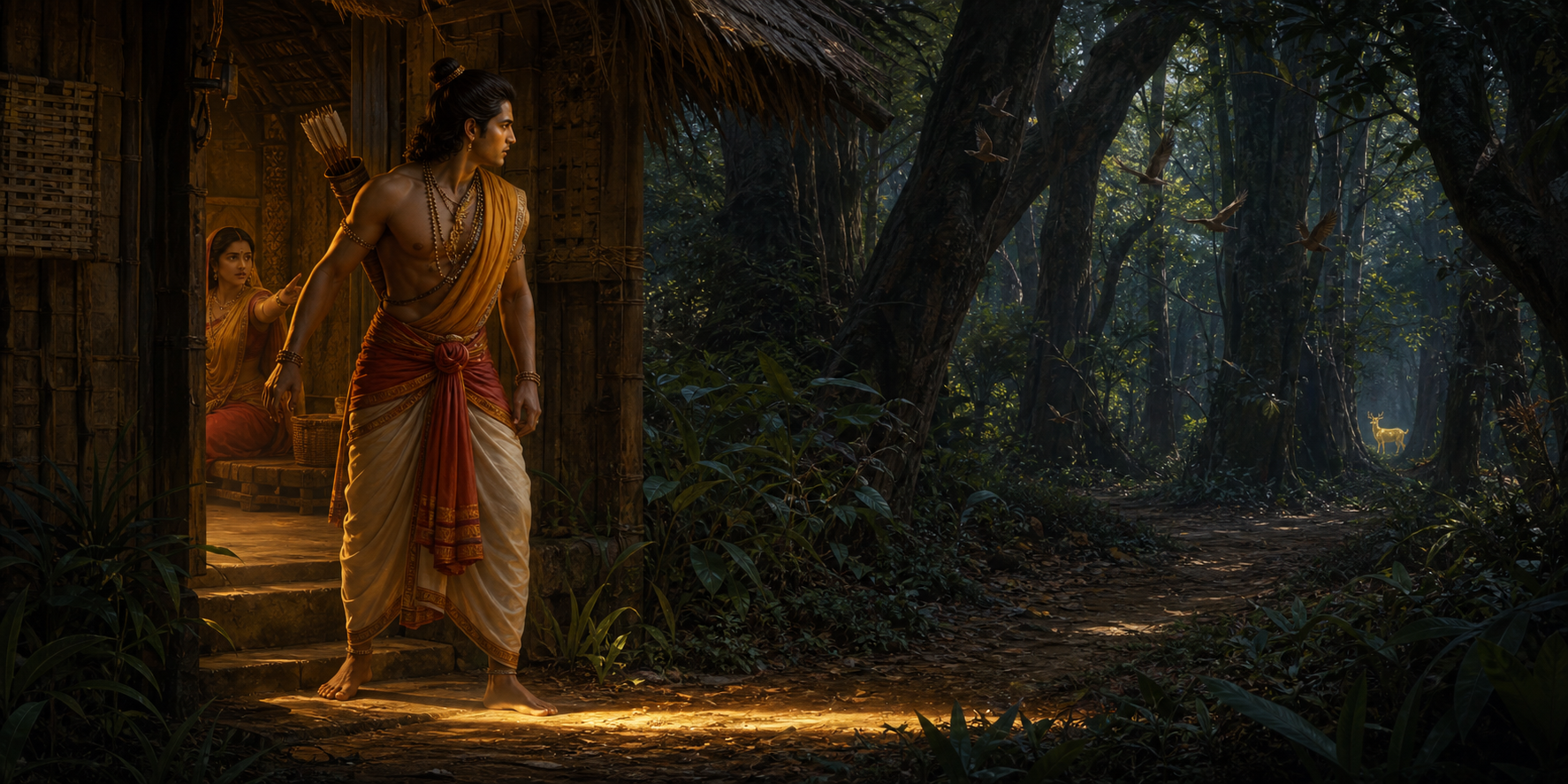 Lakshmana guards a thatched forest dwelling as a worried woman gestures toward the woods and a luminous golden deer appears in the distance.