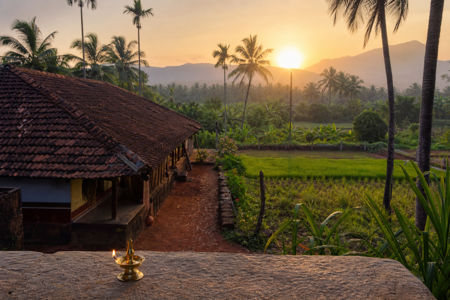 Mid-April sunrise over coconut palms, laterite earth, fields, and a clay-tiled home in coastal Karnataka.