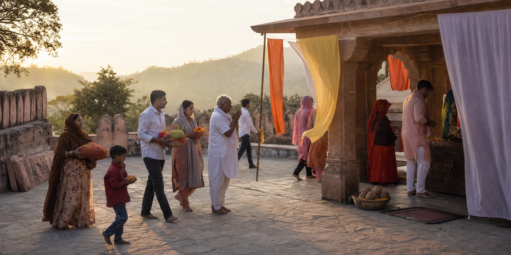 Multigenerational pilgrims carrying flowers and covered offerings enter a sandstone temple courtyard in Rajasthan at dawn.