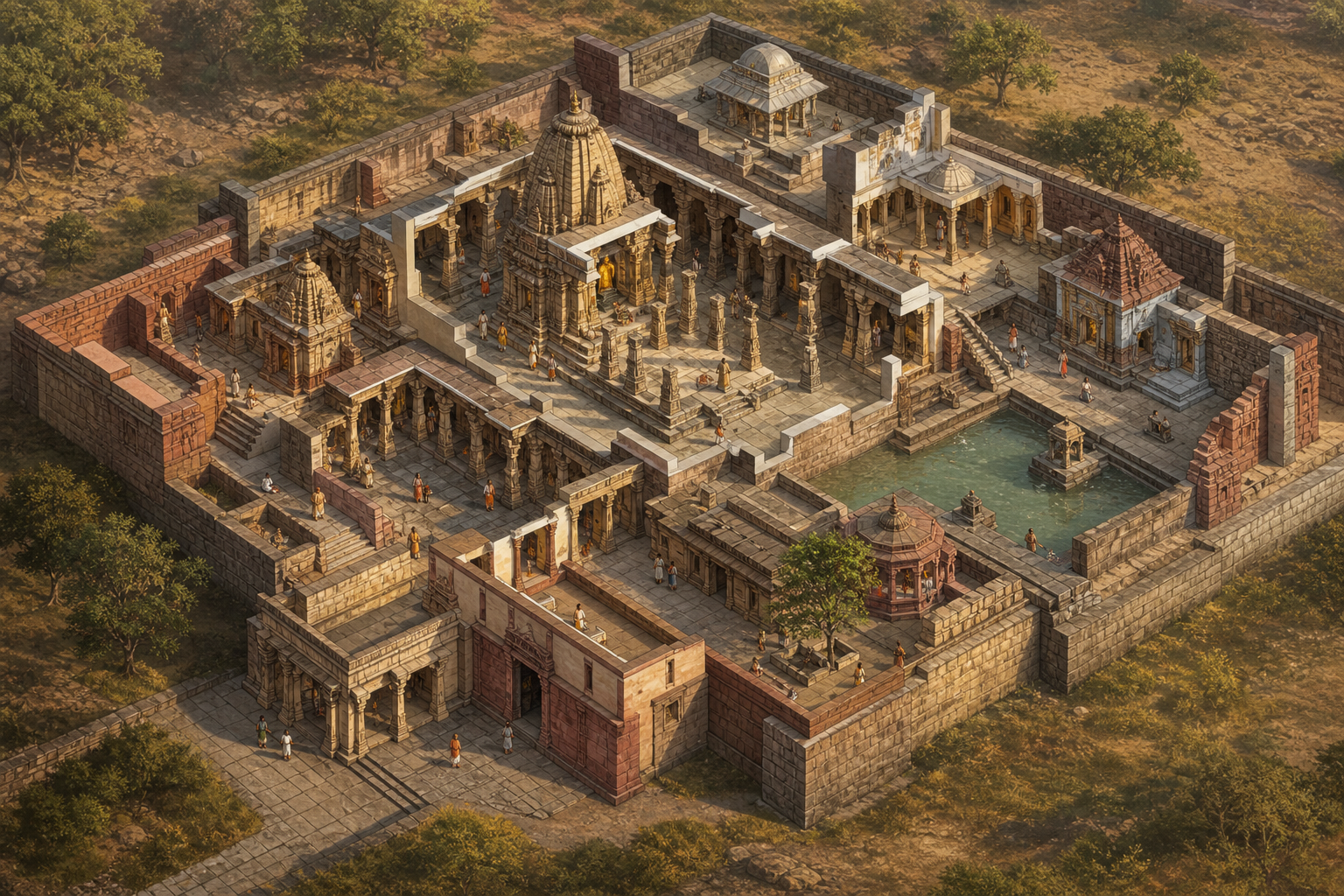 Cutaway view of a temple complex with a central sanctuary, subsidiary shrines, pillared halls, passages, a water court, and additions built in different masonry styles.
