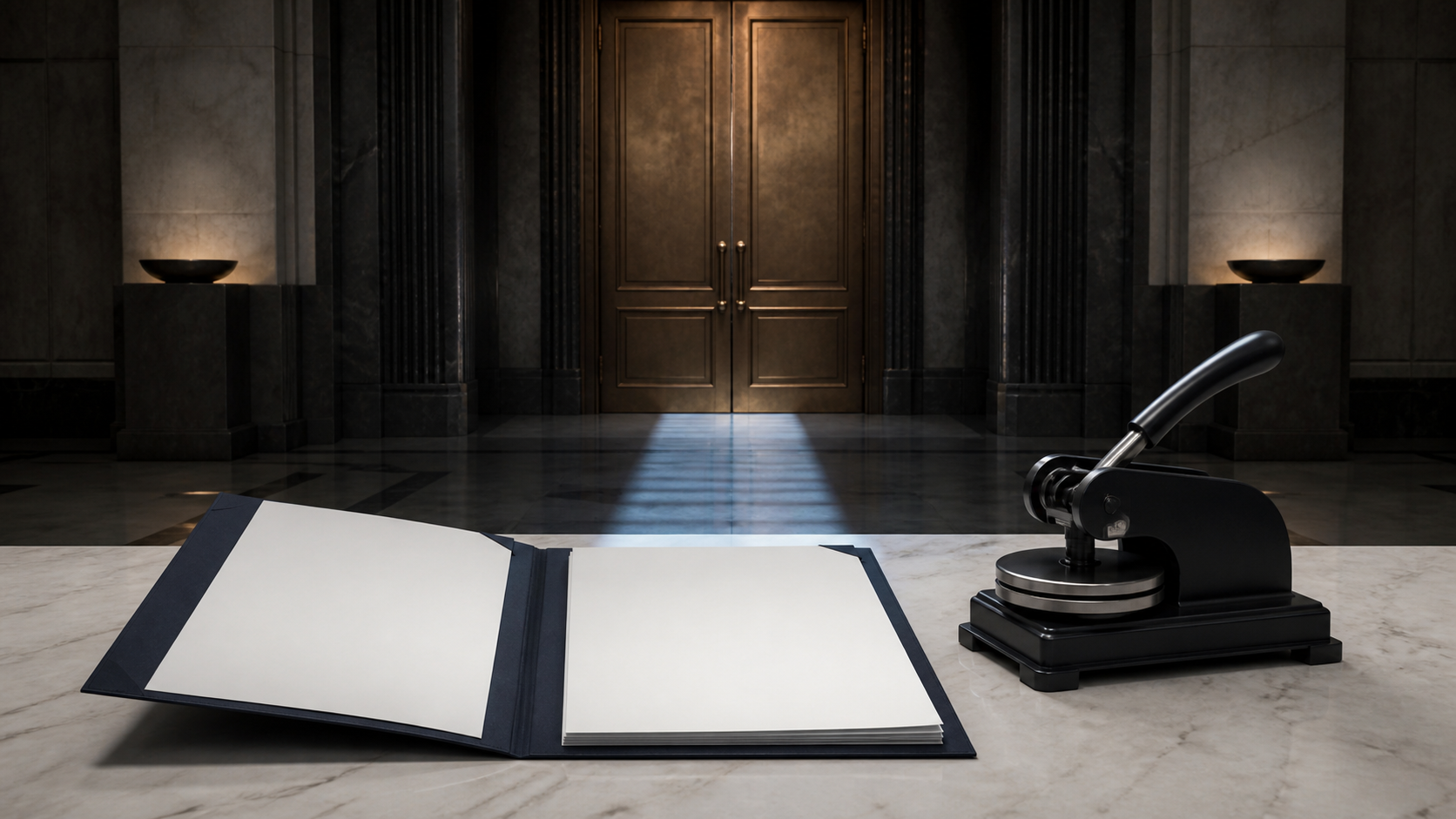 A blank policy folder and unused embossing press sit before closed government-office doors in a conceptual editorial illustration.
