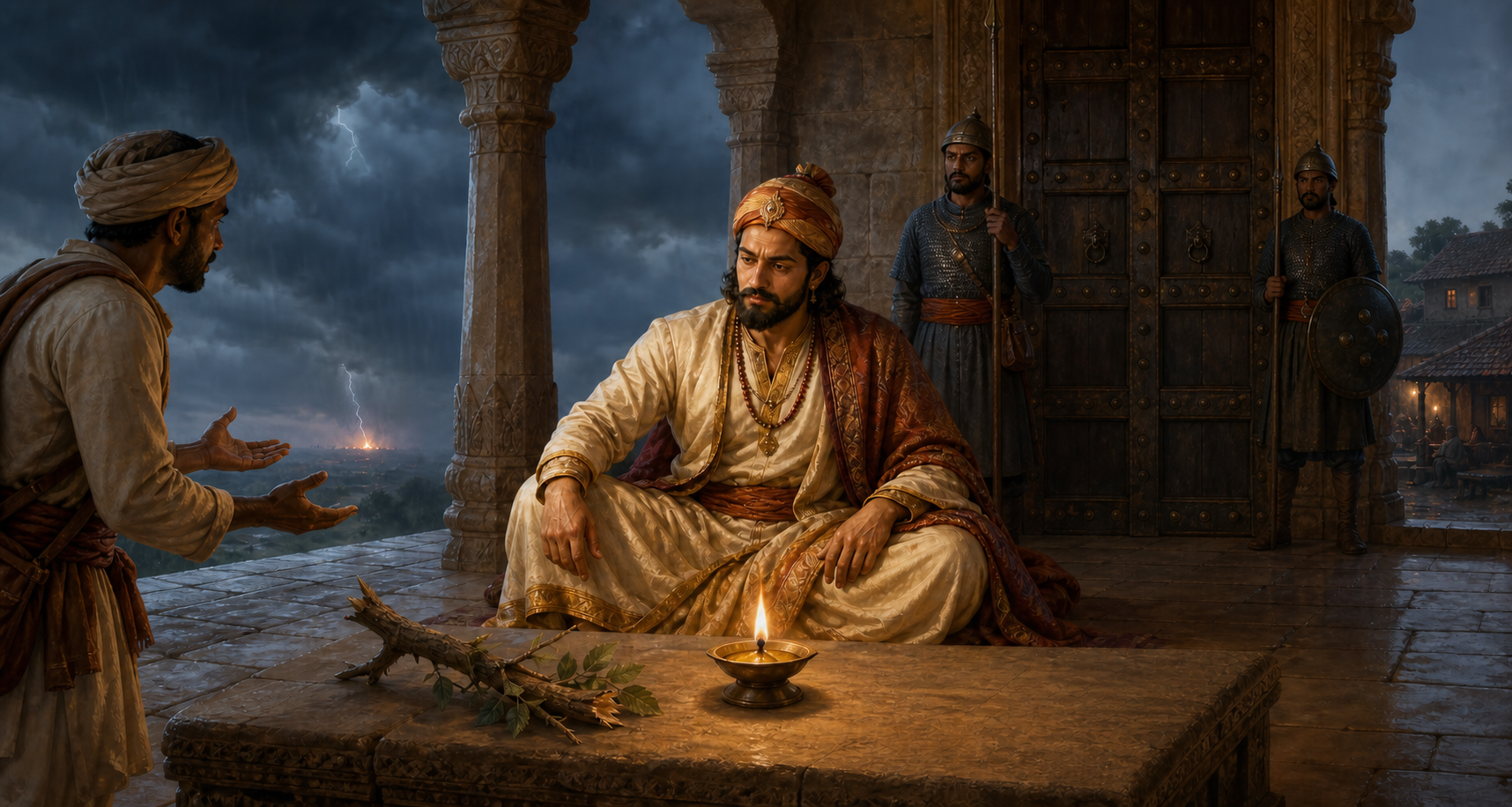 A seated leader studies physical evidence while an anxious messenger waits and guards protect a doorway during an approaching storm.