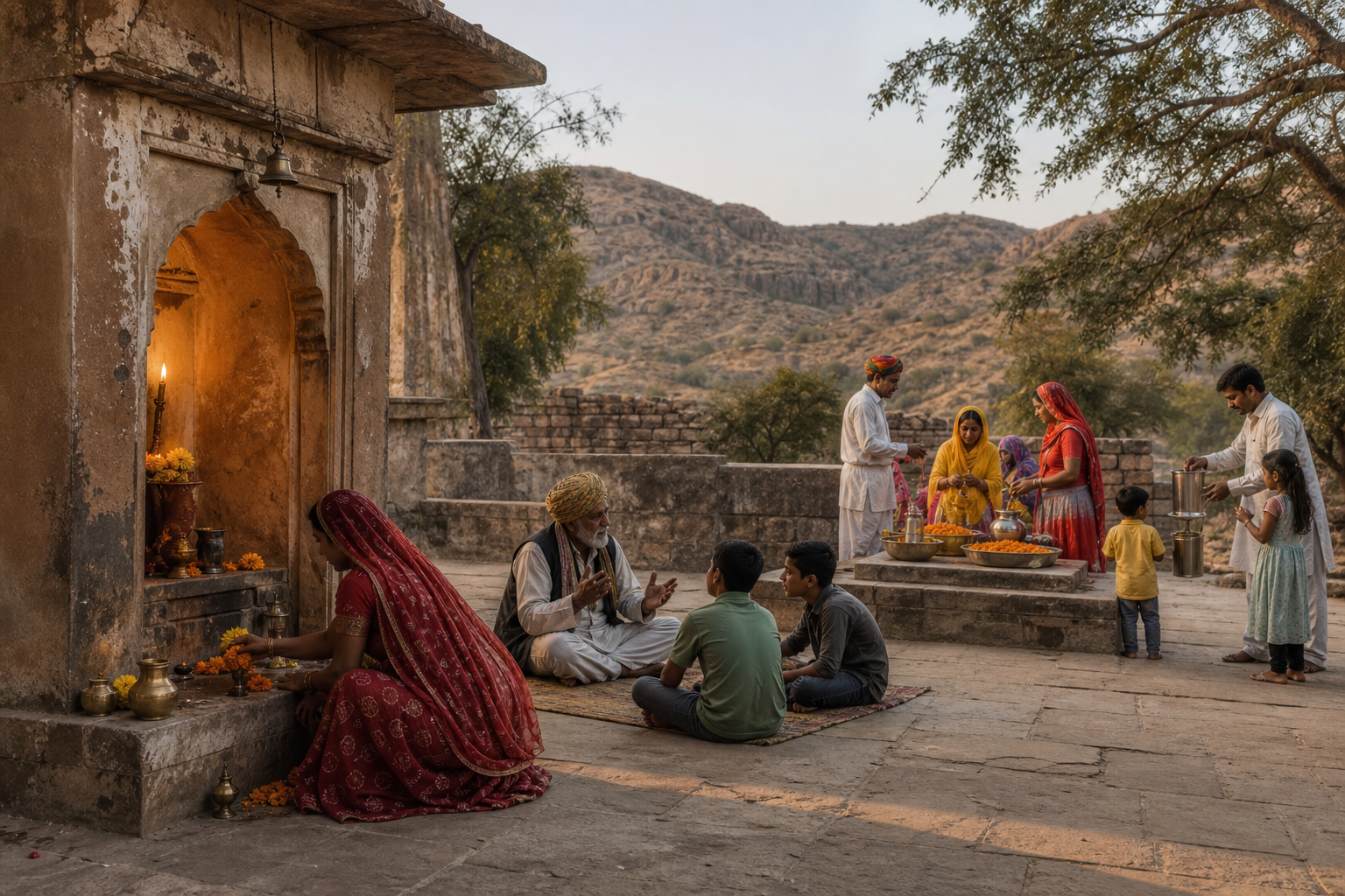 A Rajasthan shrine courtyard where a devotee offers flowers, an elder tells a story, volunteers prepare offerings, and families gather beneath the Aravalli hills.