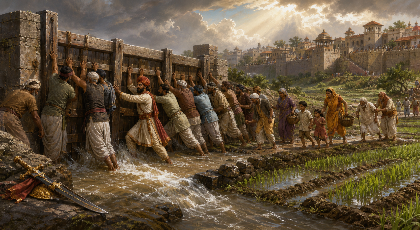 A ruler, soldiers, and villagers lift a floodgate together as water reaches dry fields and families cross to safety.